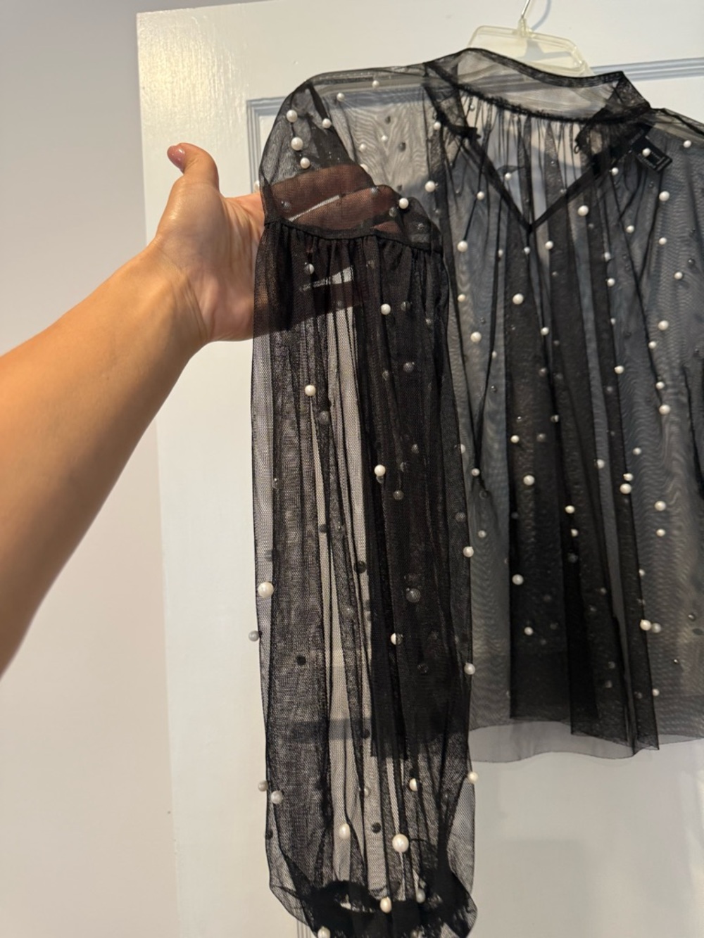 Forever 21 Black Sheer Pearl-Embellished Long Sleeve Blouse - Picture 2 of 6